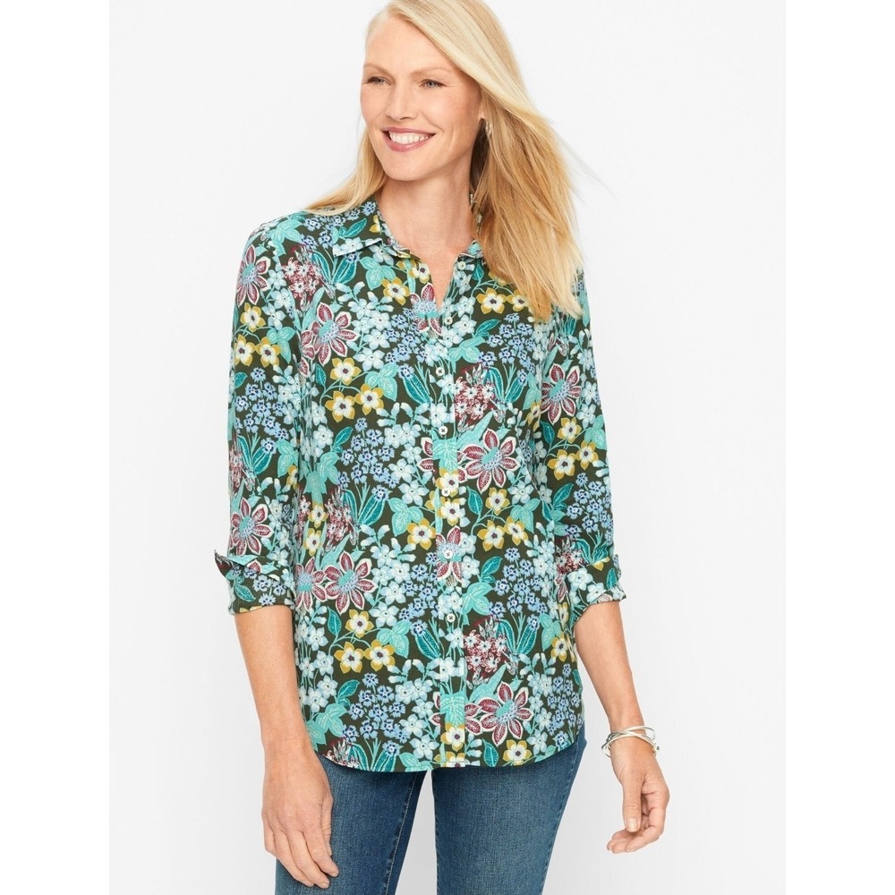 Talbots Mirrored Garden Cotton Button Front Shirt L Colorful Floral Preppy